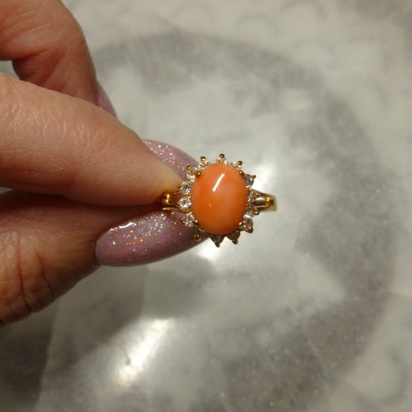 18k Gold EP Coral Swarovski Crystals Dolphin Ore Ring - Picture 3 of 11